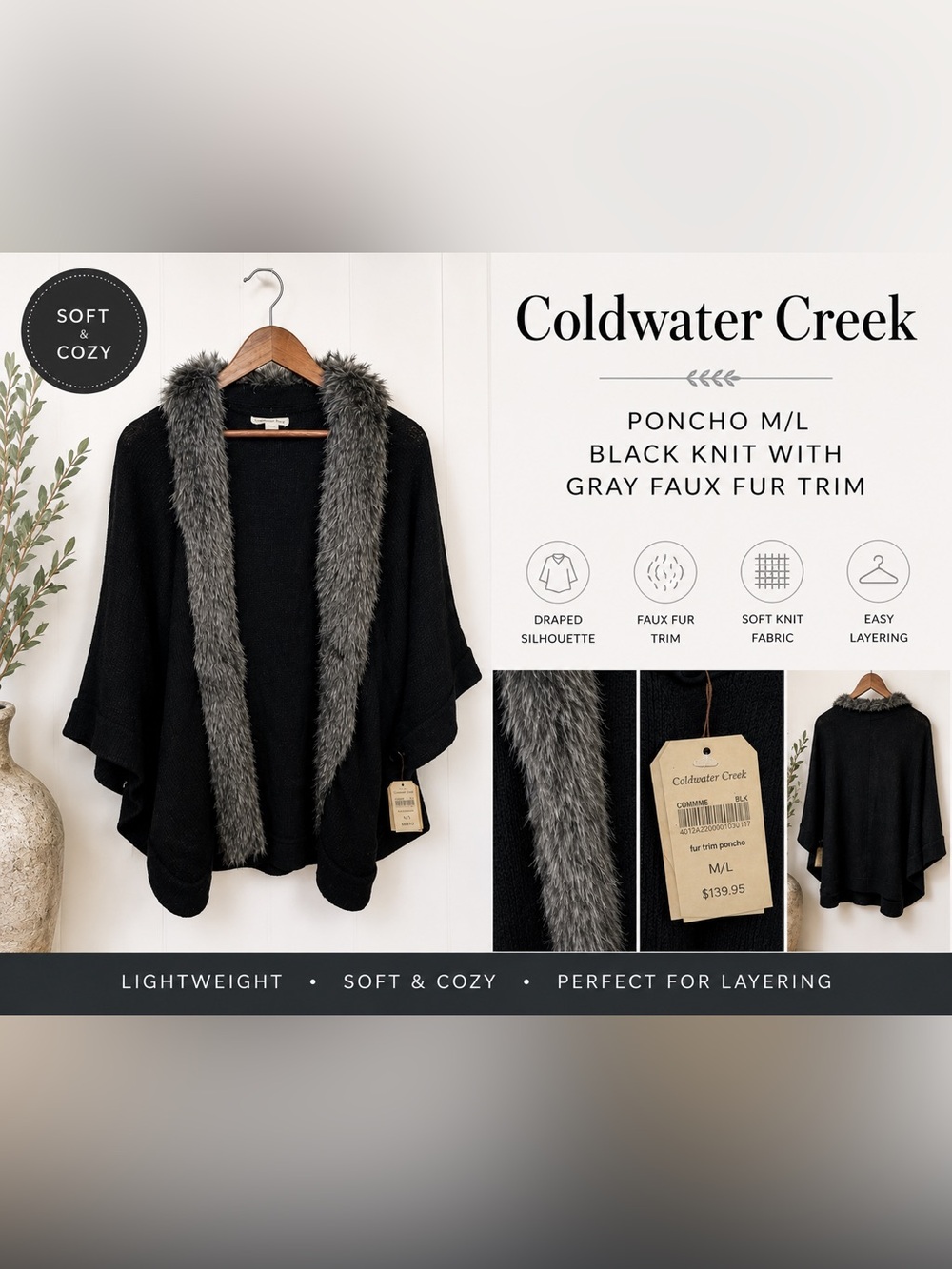 Coldwater Creek Faux Fur Trim Knit Poncho Wrap Black Gray NWT M/L Cozy